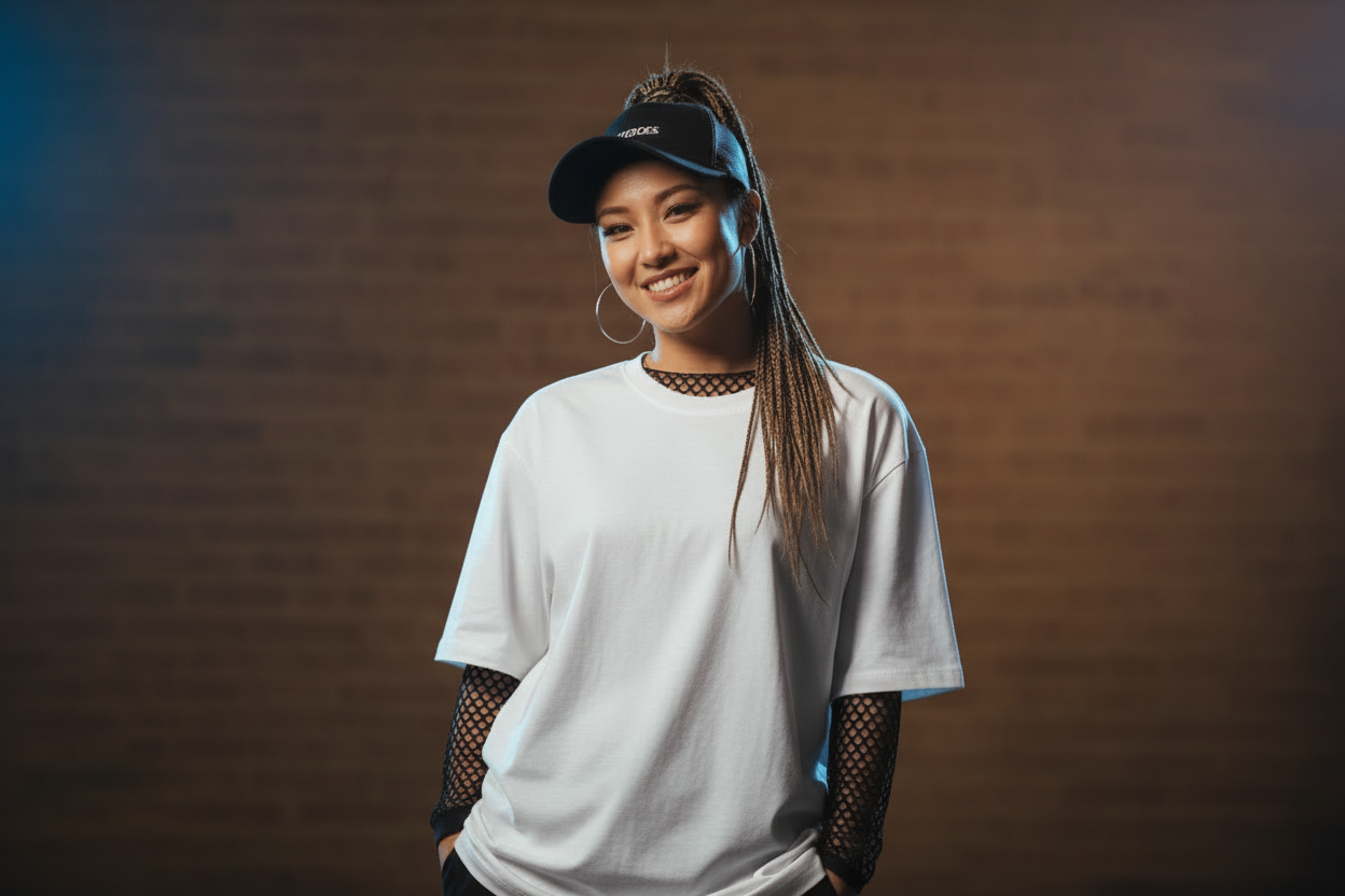 Asian woman hip hop plain t-shirt brown background