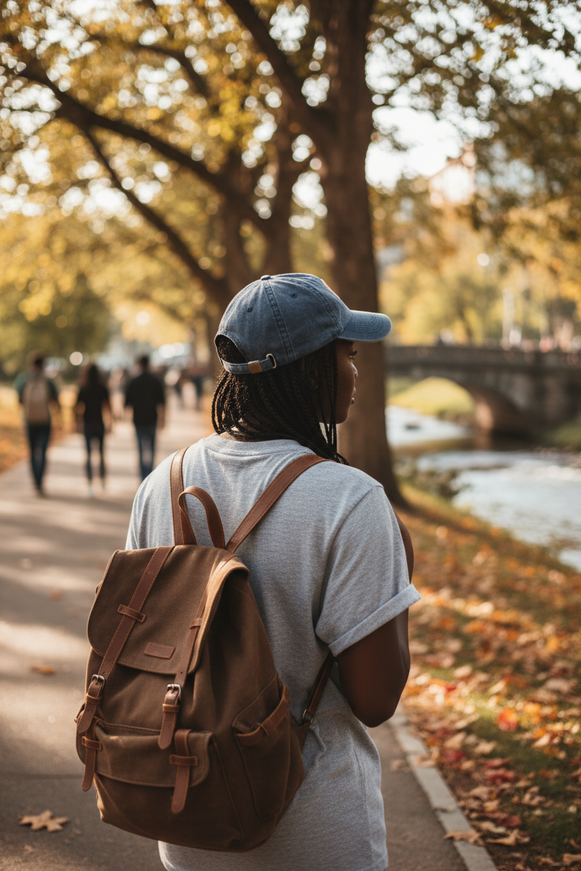 Black woman with back turned, t-shirt and ball cap