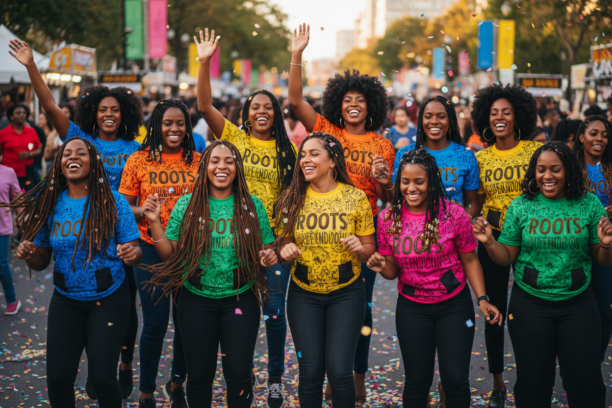 Diverse Women of Color Celebrating in Colorful T-Shirts